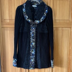 Etro Black Knit Cardigan with Multicolor Embroidered Trim